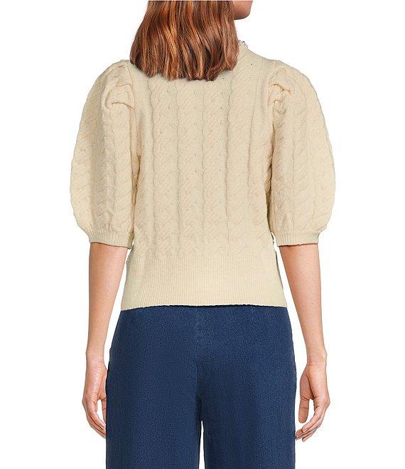 Sugarlips Jamari Pearl Trim Cable Knit Crew Neck Short Sleeve Button Front Cropped Cardigan Product Image