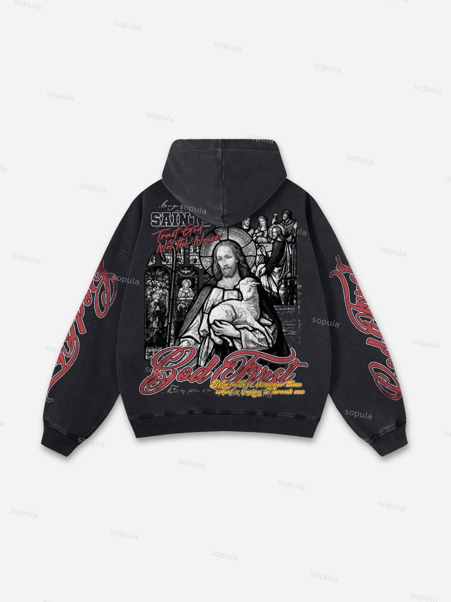 God First Jesus Window Flower Aged Vintage Graphic Acid Wash Hoodie Product Image