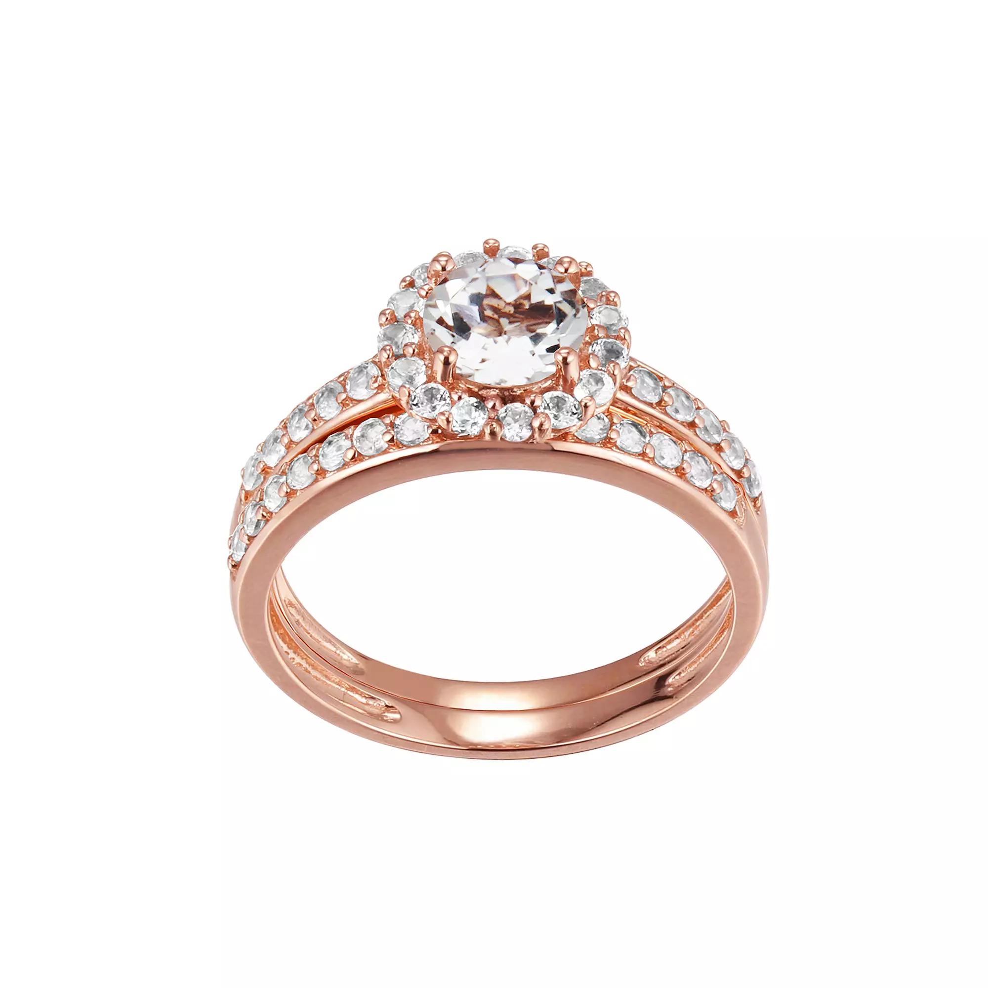 10k Rose Gold White Topaz Two Piece Halo Bridal Ring Set, Women's, Size: 5, 10k Gold Product Image