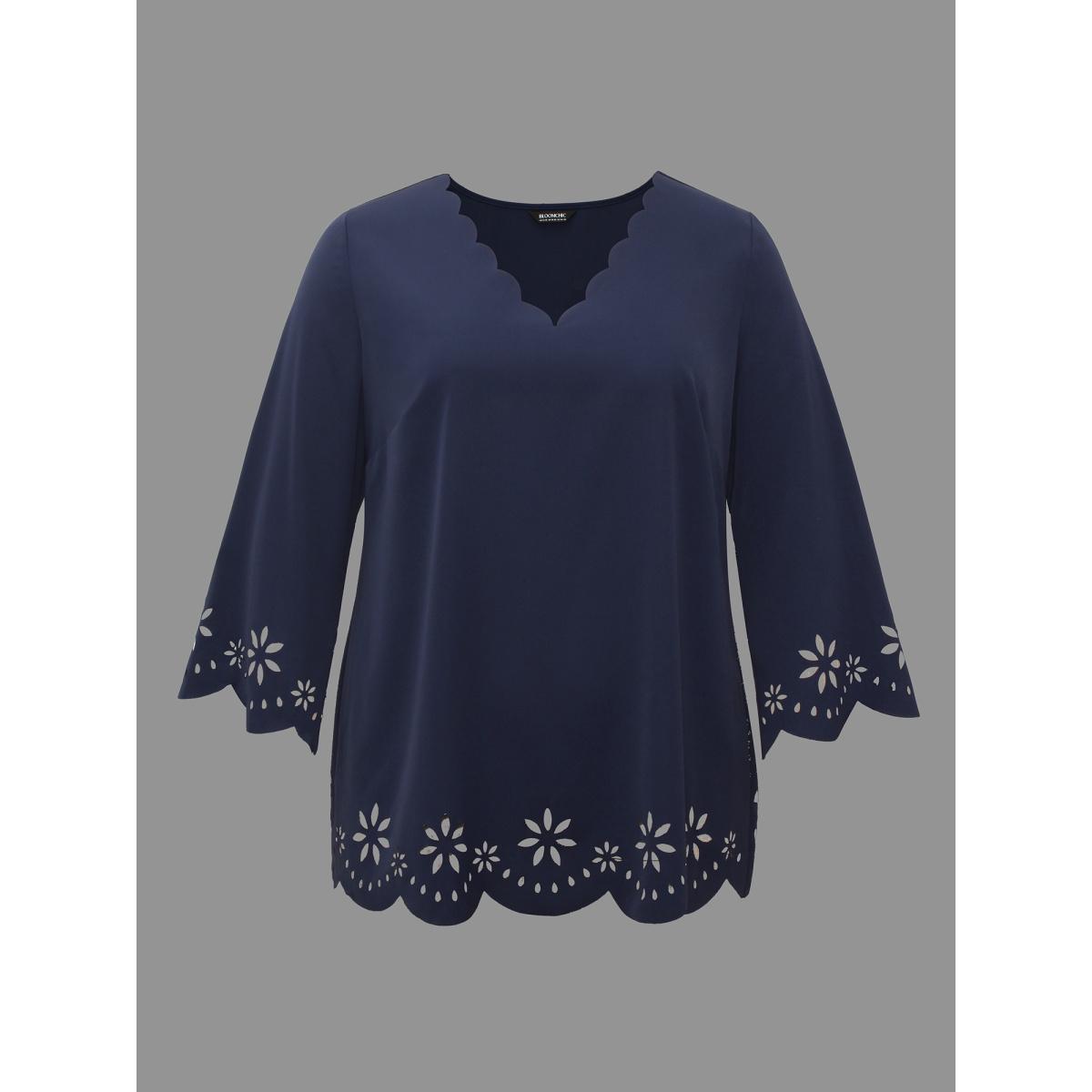 Plus Size Indigo Laser Cut Design V-Neck Blouse Women At the Office Three Quater Length Sleeve V-neck Work Blouses BloomChic 18-20/2X Product Image