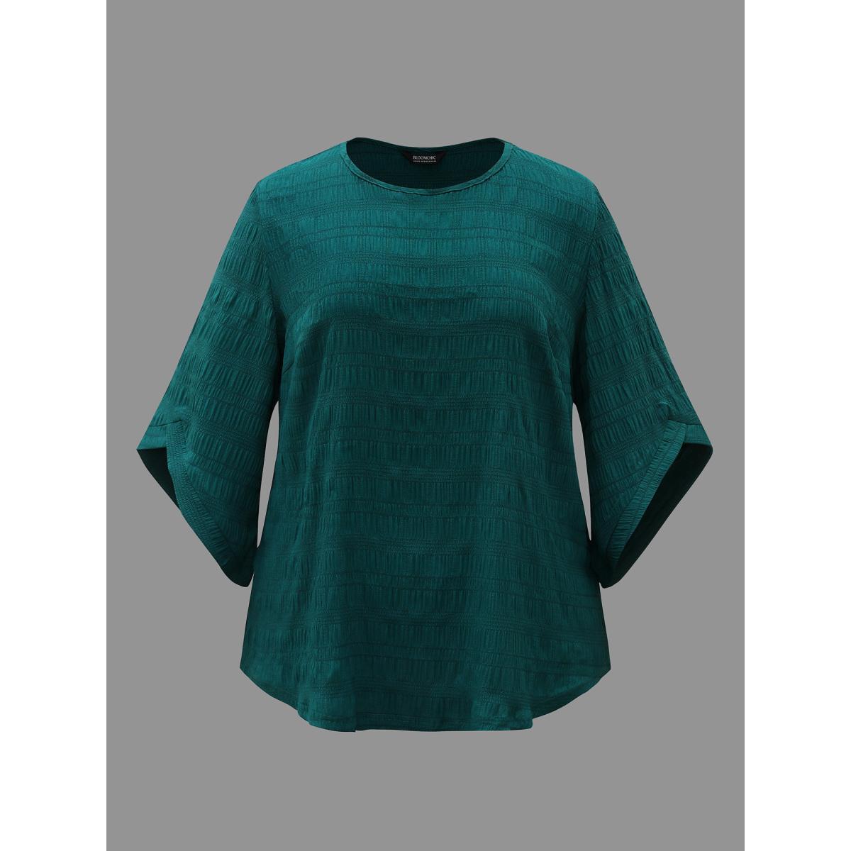 Plus Size Cyan Solid Textured Curved Hem Gathered Blouse Women Elegant Elbow-length sleeve Round Neck Everyday Blouses BloomChic 26/4X Product Image