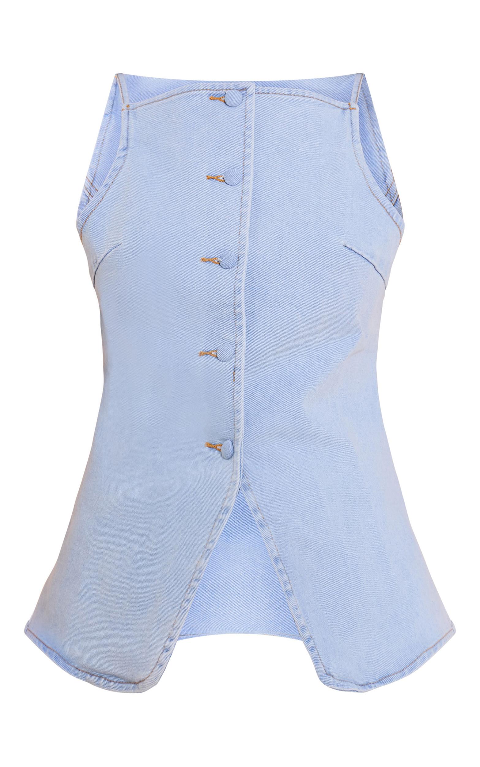  Petite Light Blue Fitted Square Neck Denim Top Product Image