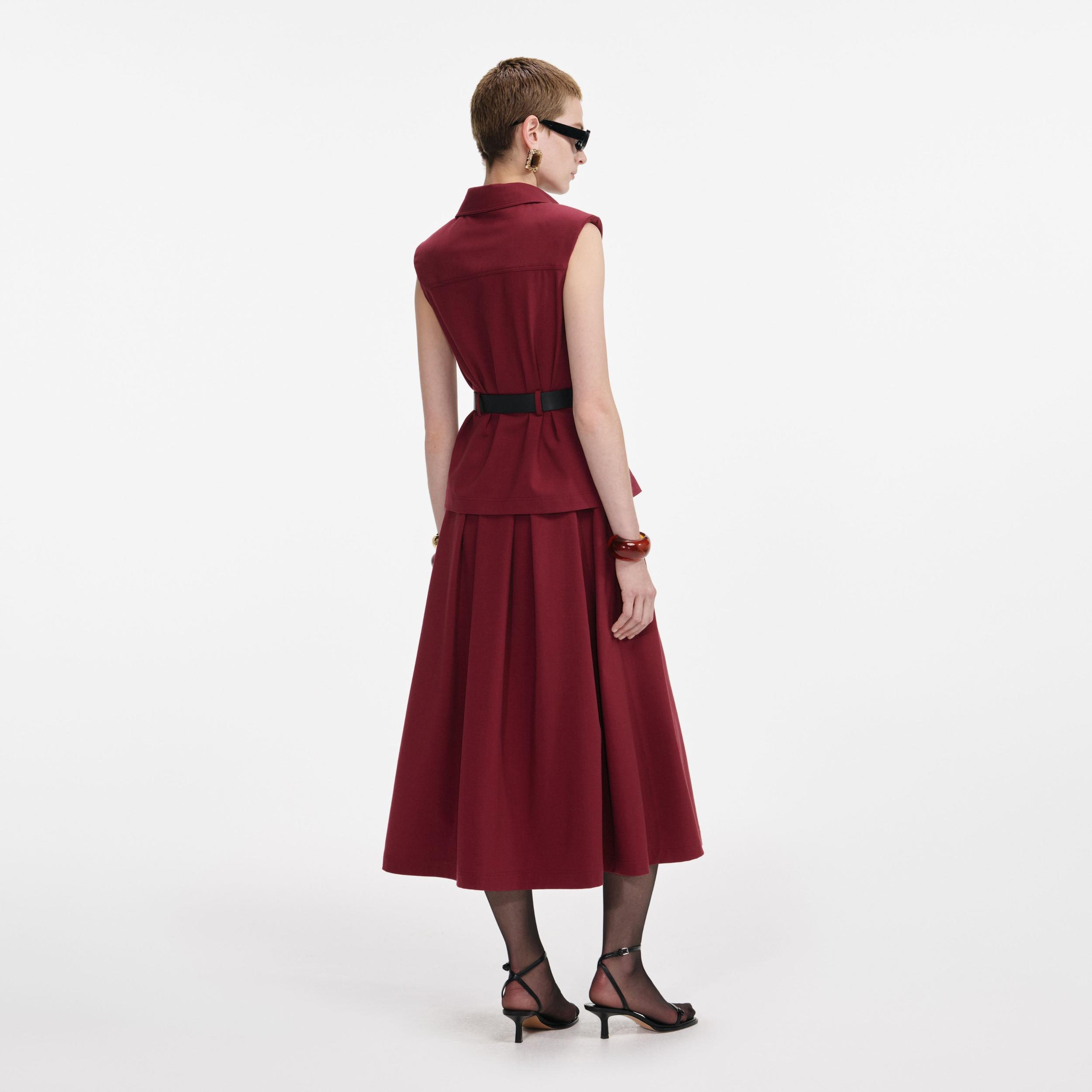 Burgundy Twill Belted Midi Dress Product Image