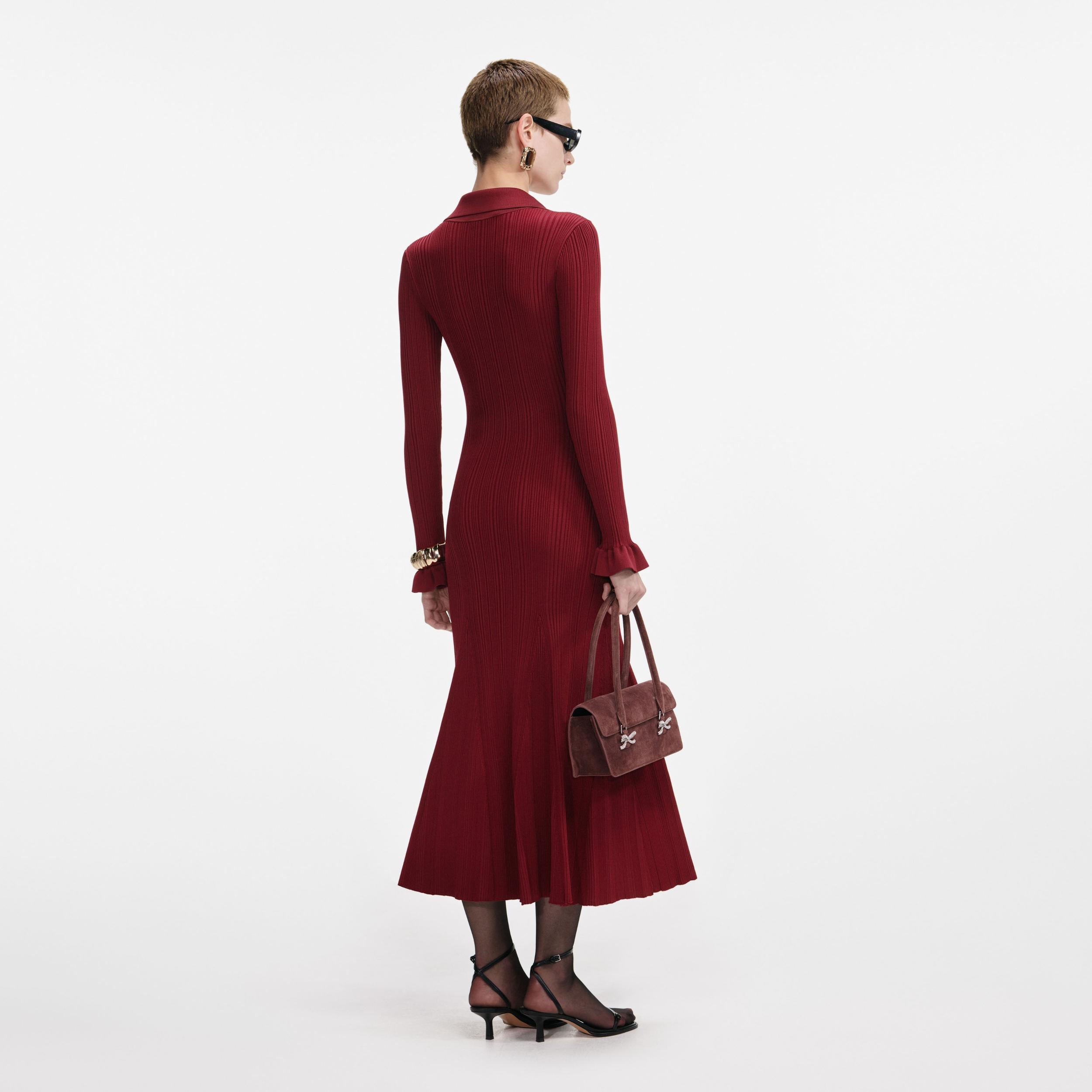 Burgundy Ribbed Knit Midi Dress Product Image