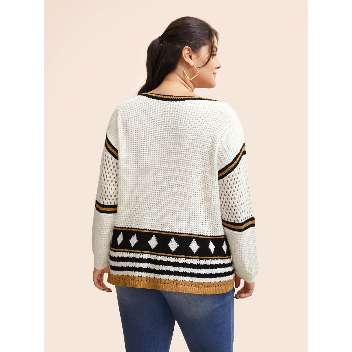 Plus Size Cotton Geometric Striped Drop Shoulder Sleeve Pullover Ivory Women Boho Loose Long Sleeve Round Neck Vacation Pullovers BloomChic 18-20/2X Product Image