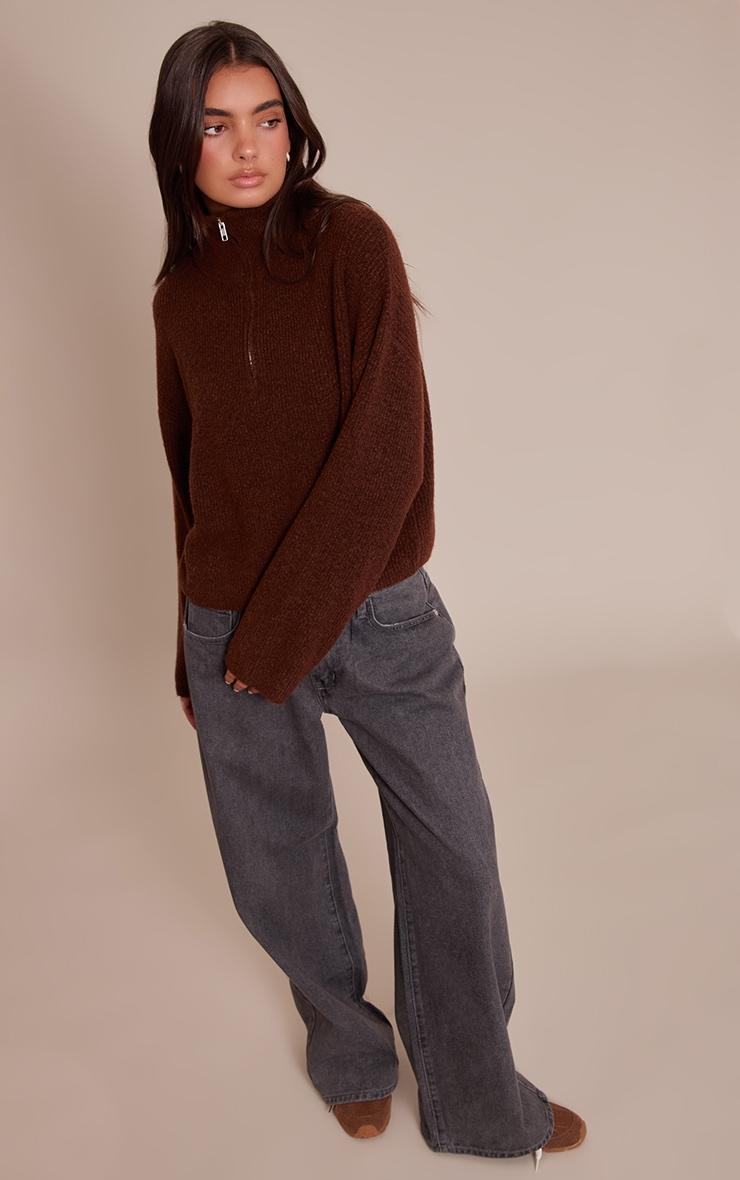 Chocolate Half Zip Soft Knit Sweater Product Image