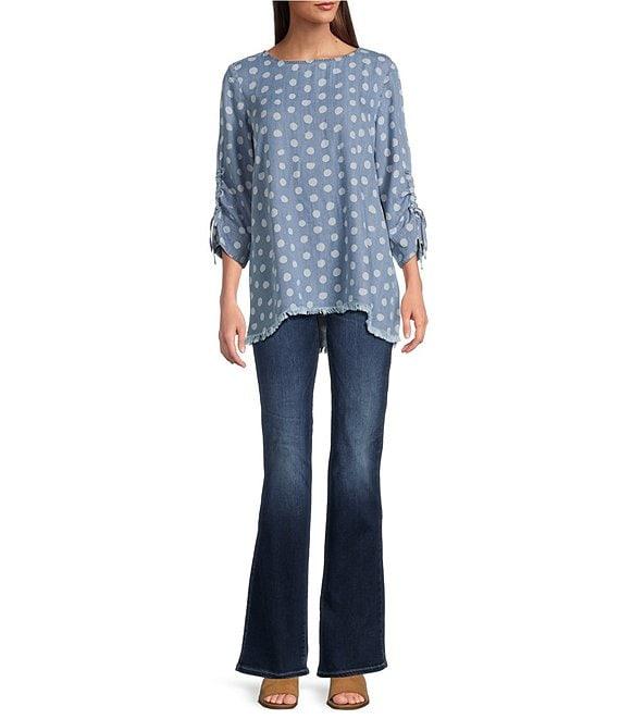 Tru Luxe Jeans Dot Printed Chambray Scoop Neck 3/4 Sleeve Lace-Up Top Product Image
