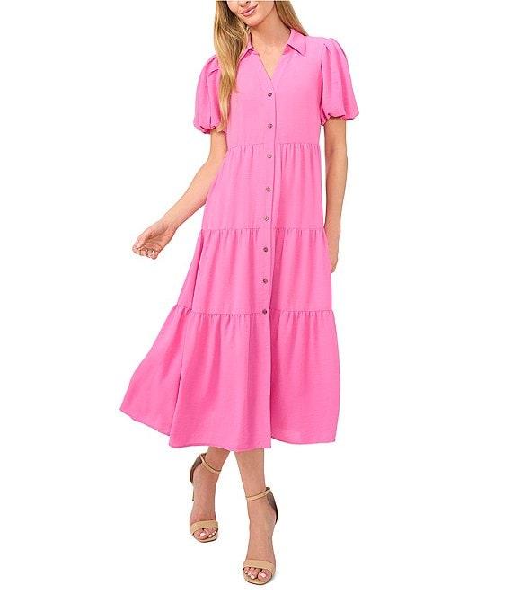 CeCe Gauze Point Collar Short Puff Sleeve Button Front Tiered Midi Shirt Dress Product Image