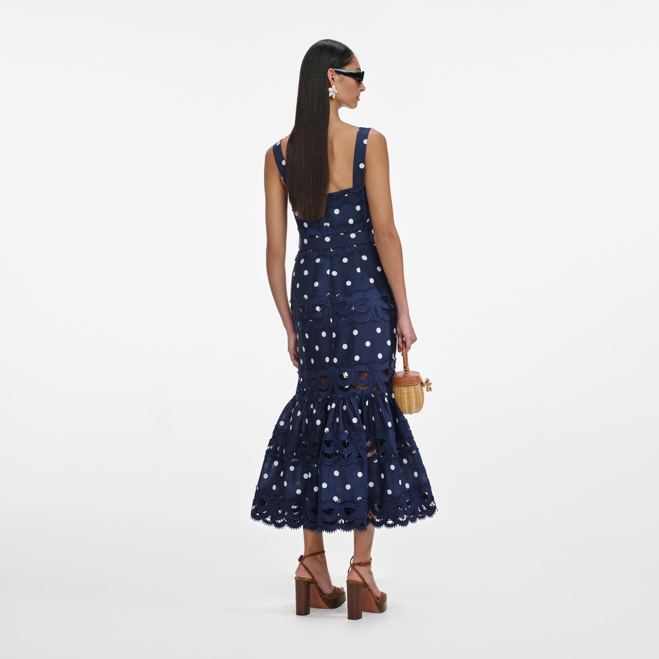 Navy Polka Dot Linen Midi Dress Product Image