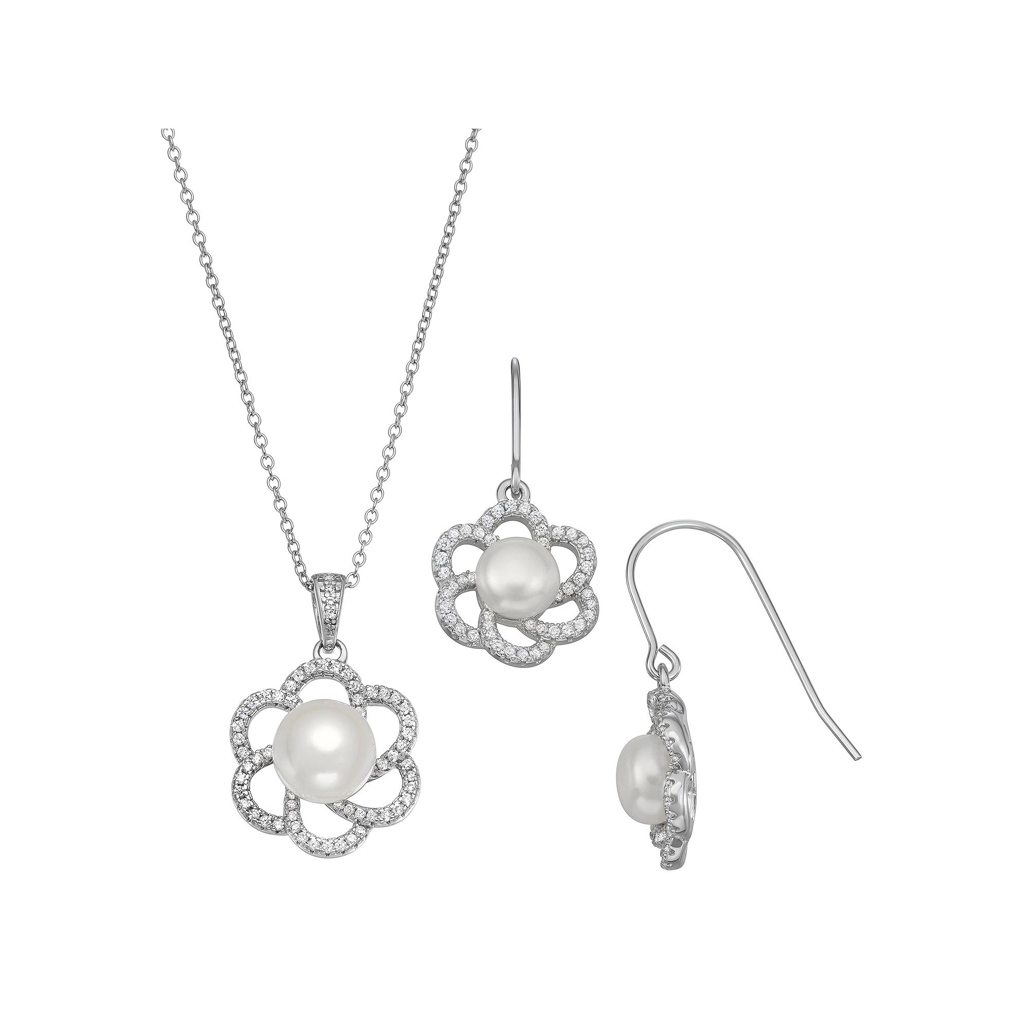 Sterling Silver Freshwater Cultured Pearl & Cubic Zirconia Flower Pendant & Earring Set, Women's, Size: 18" Product Image