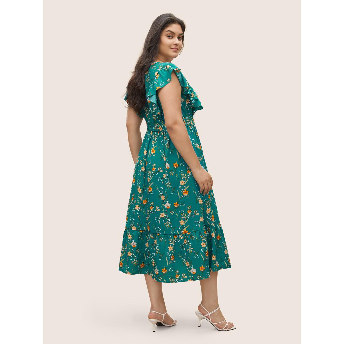 Plus Size Ditsy Floral Flutter Trim Pocket Layered Hem Dress Teal Women Elegant Non Overlap Collar Cap Sleeve Curvy Midi Dress BloomChic 30/6X Product Image