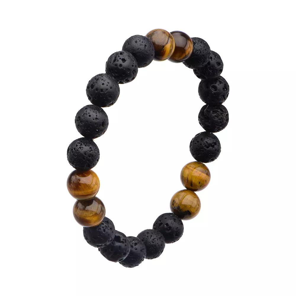 Men's Lava Stone & Brown Tiger Eye Beaded Bracelet, Size: 8.5", Stainless Product Image