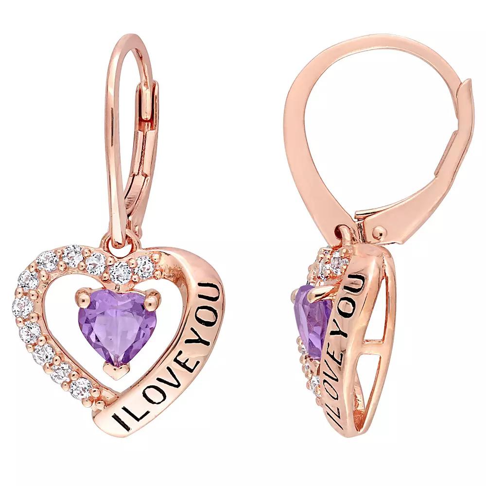 Stella Grace 18k Rose Gold Over Silver Amethyst "I Love You" Heart Earrings, Women's, 18k Rose Gold Plated Product Image