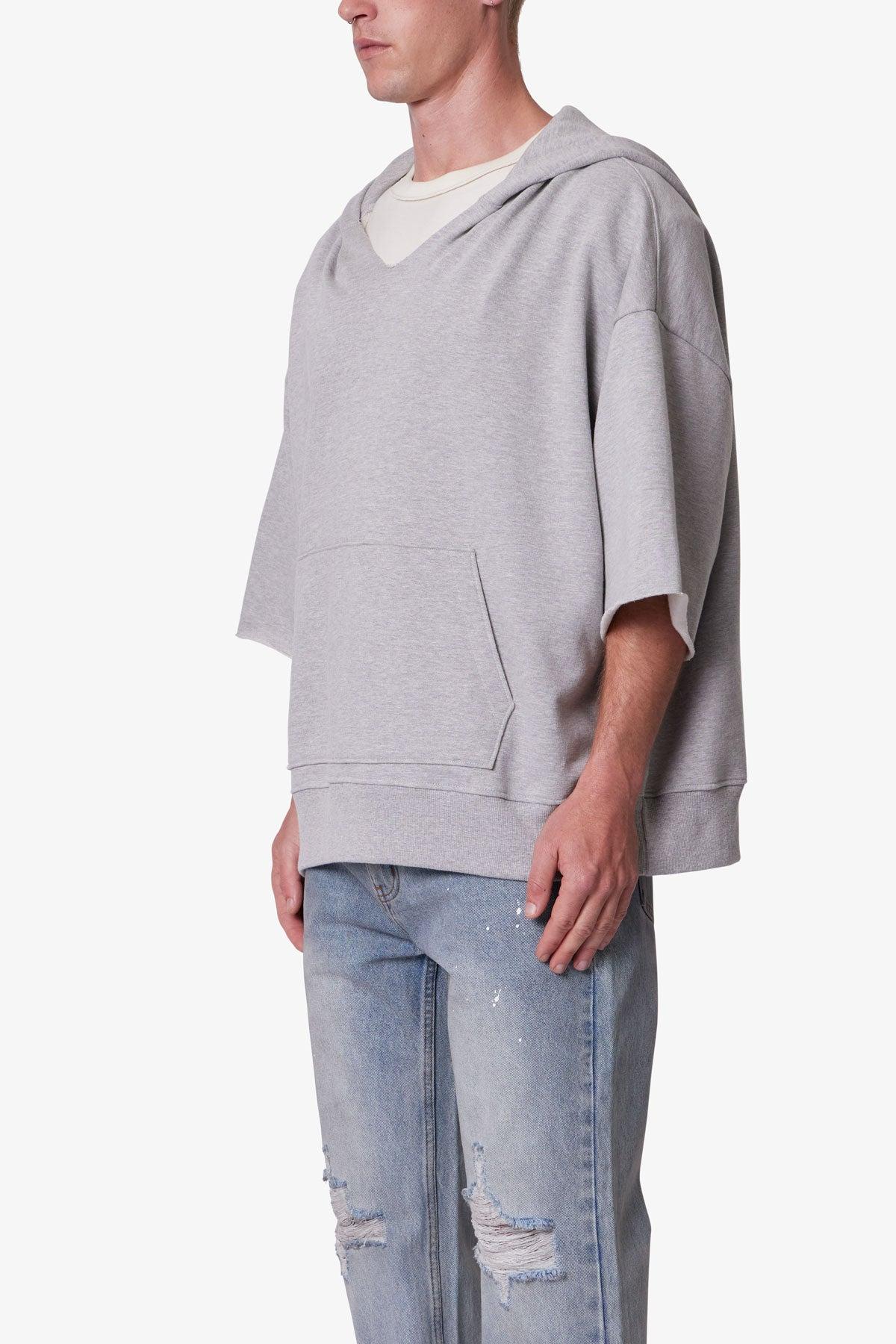 Hooded 3/4 Sleeve Rag Sweater - Grey Product Image
