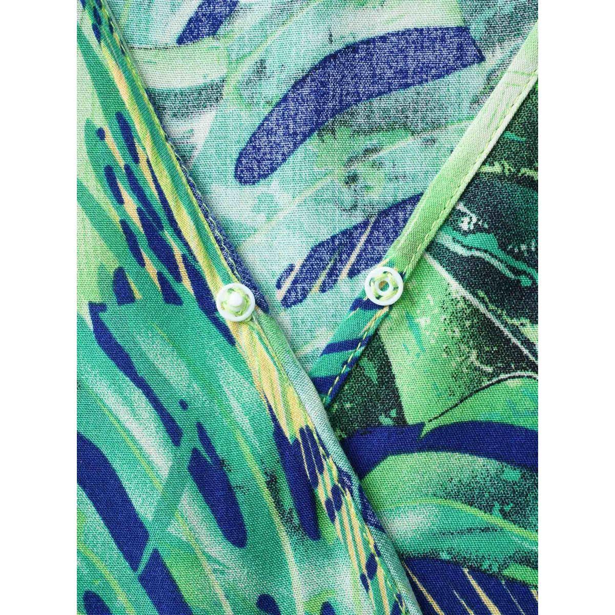 Plus Size Tropical Print Overlap Collar Ruffle Cap Sleeve Dress DarkBlue Women Resort Belted Overlap Collar Cap Sleeve Curvy BloomChic 22-24/3X Product Image