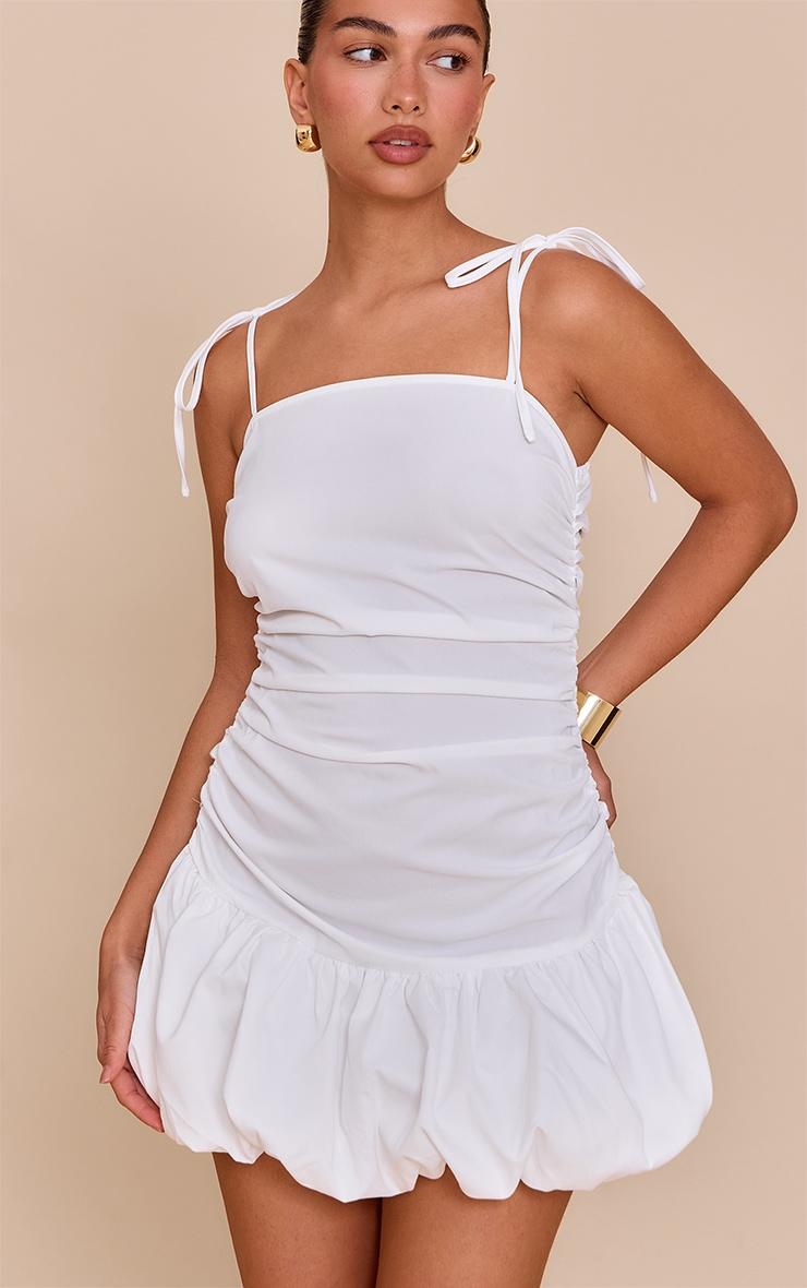 White Ruched Detail Strappy Puffball Dress Product Image