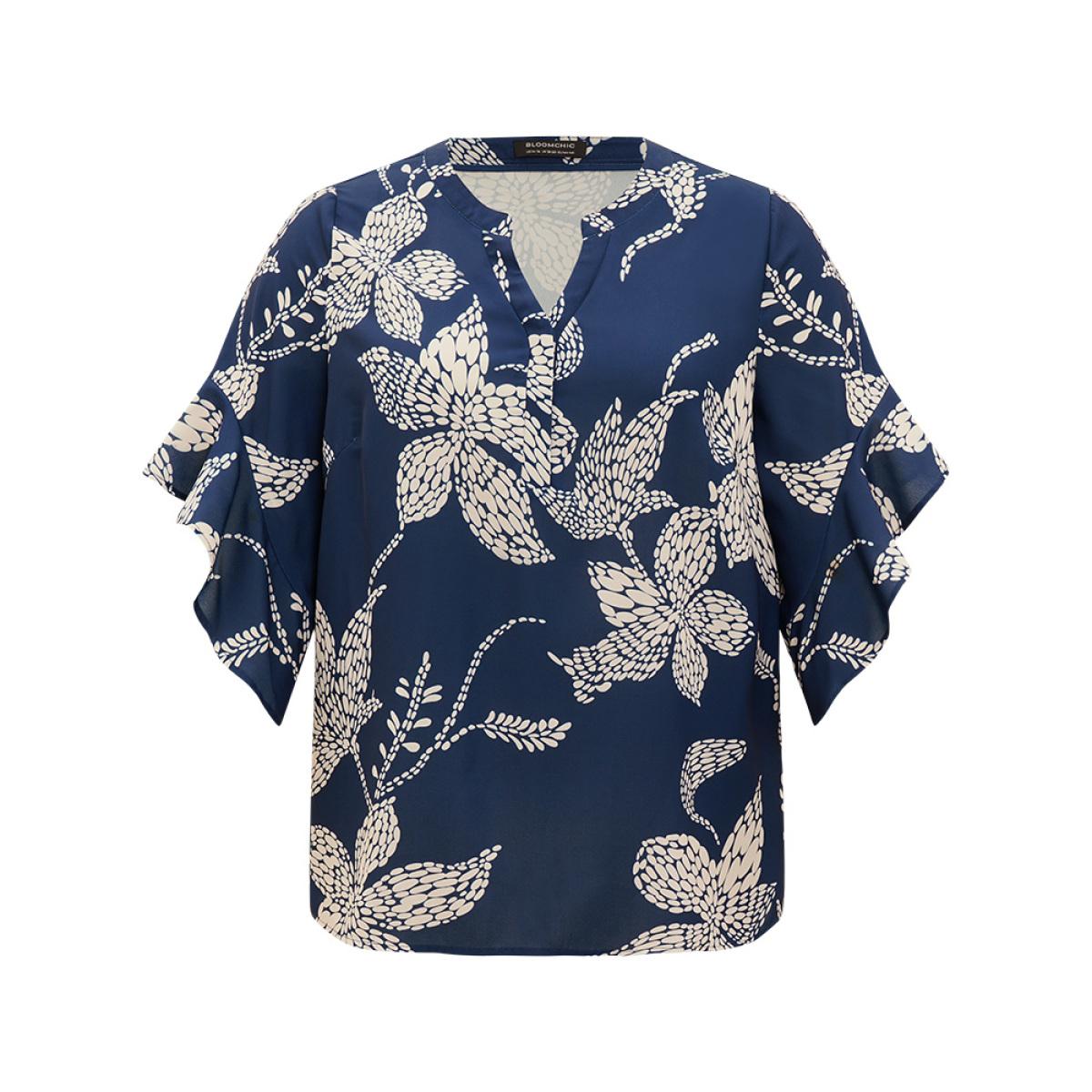Plus Size Indigo Silhouette Floral Print Bell Sleeve Ruffle Trim Blouse Women Elegant Half Sleeve V-neck Dailywear Blouses BloomChic 22-24/3X Product Image