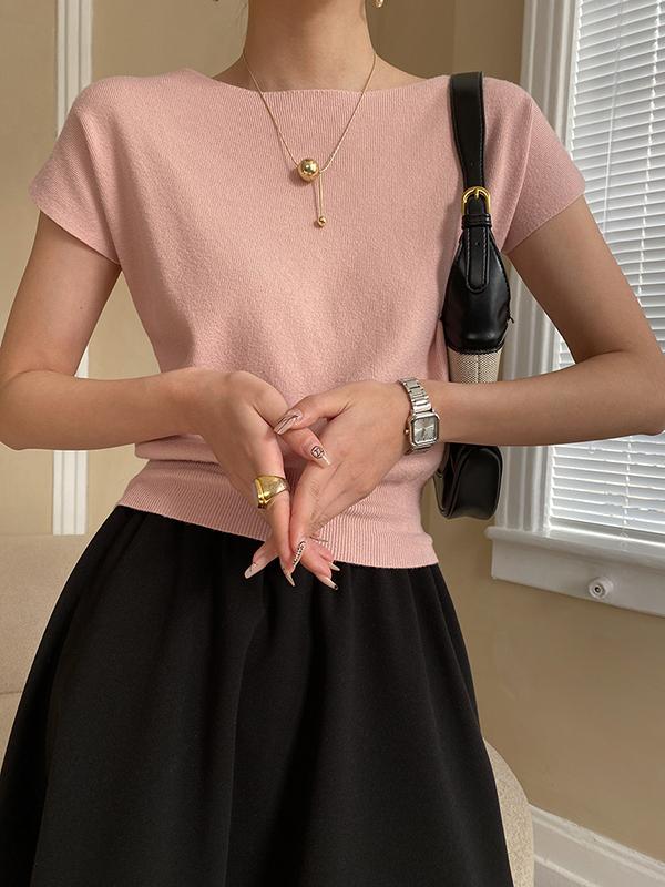 Stylish Loose Solid Color Boat Neck Knitwear Pullovers Tops Product Image