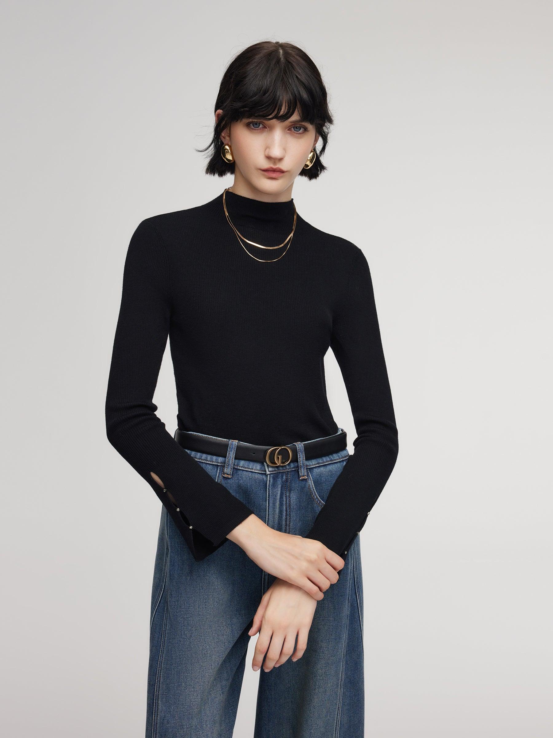 100% Machine Washable Wool Beaded Cuffs Women Mock Neck Knit Top Product Image