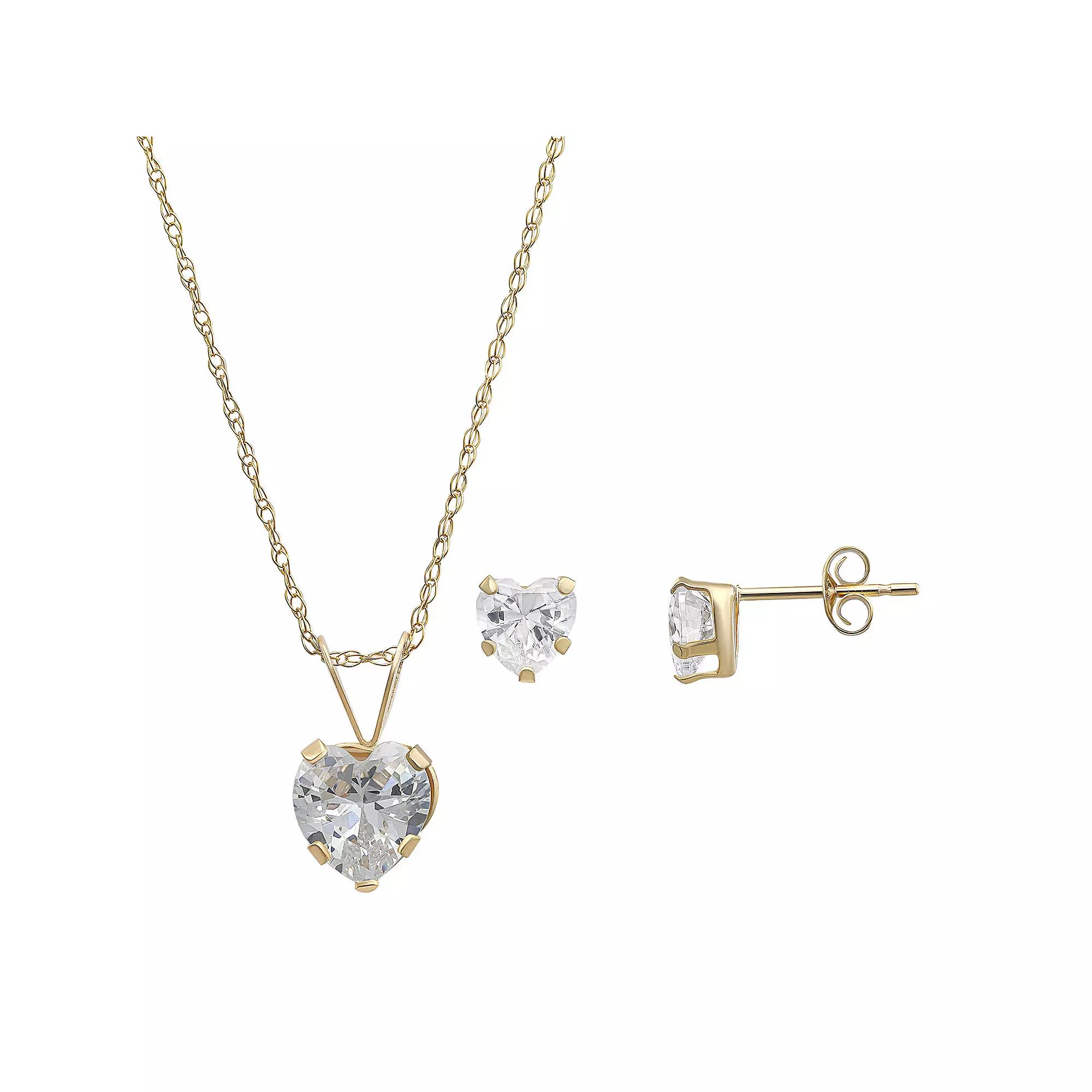 Taylor Grace 10k Gold Cubic Zirconia Heart Pendant & Stud Earrings Set, Women's, Size: 18" Product Image