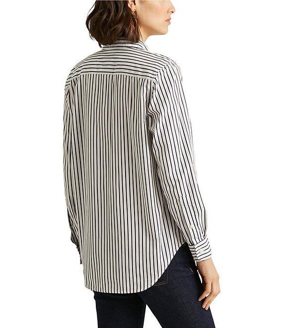 Lauren Ralph Lauren Long Roll-Tab Sleeve Striped Button Front Cotton Shirt Product Image