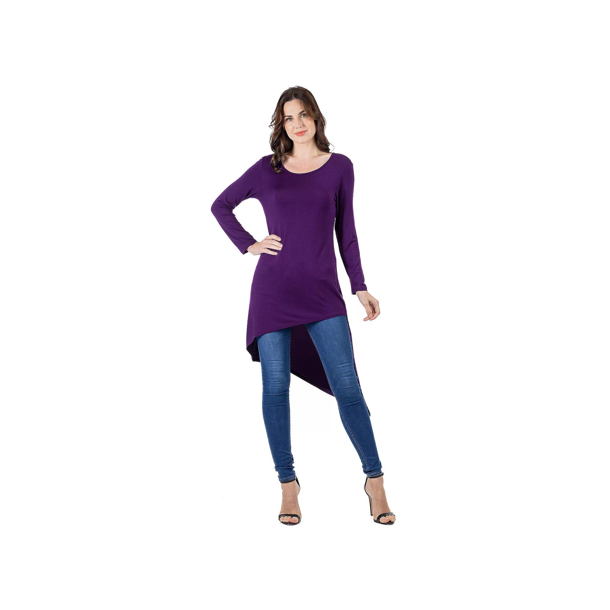 Women's 24Seven Comfort Apparel Long Sleeve Knee Length Asymmetrical Tunic Top,  Product Image