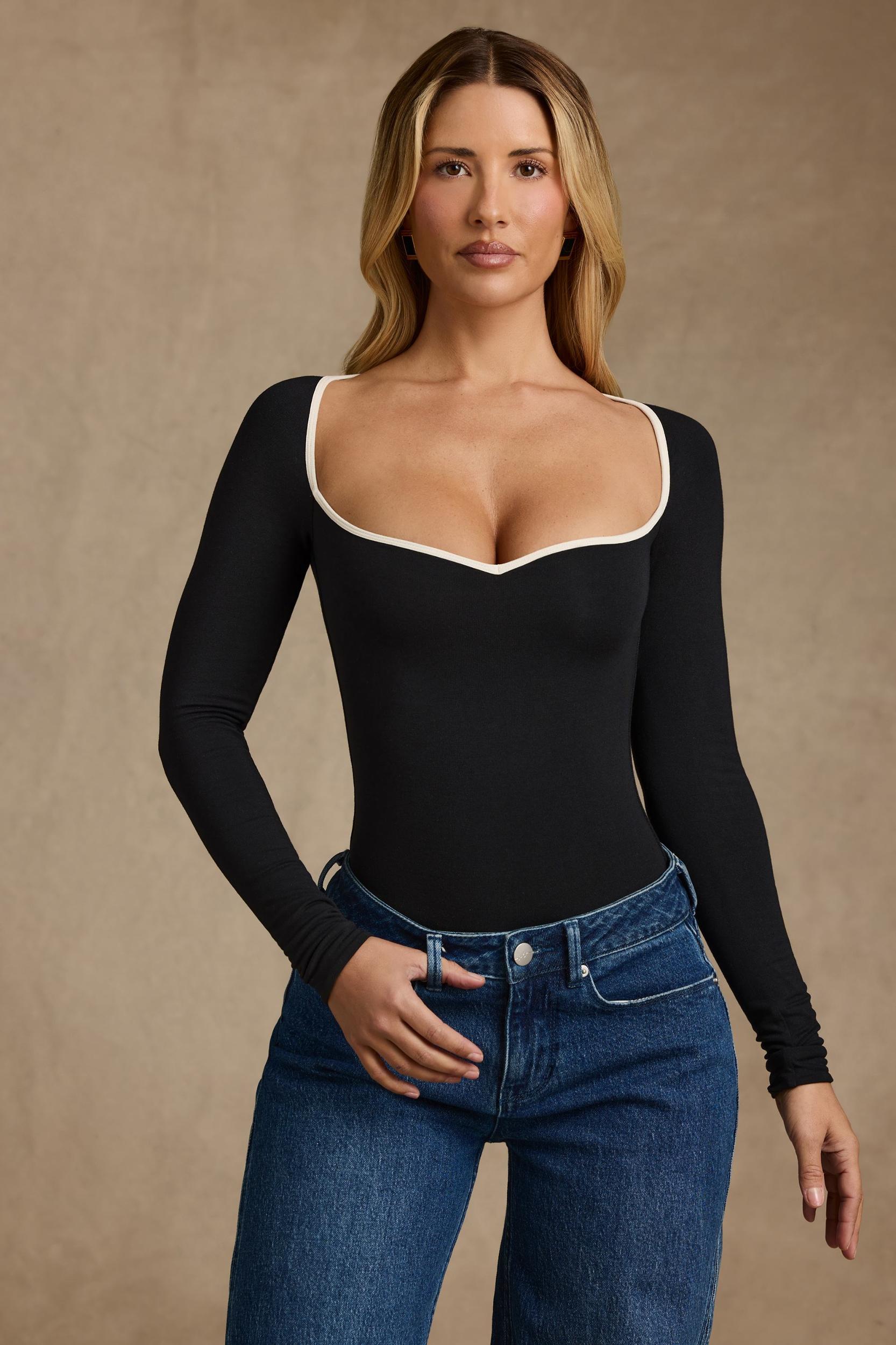 Modal Contrast-Trim Bodysuit in Black Product Image