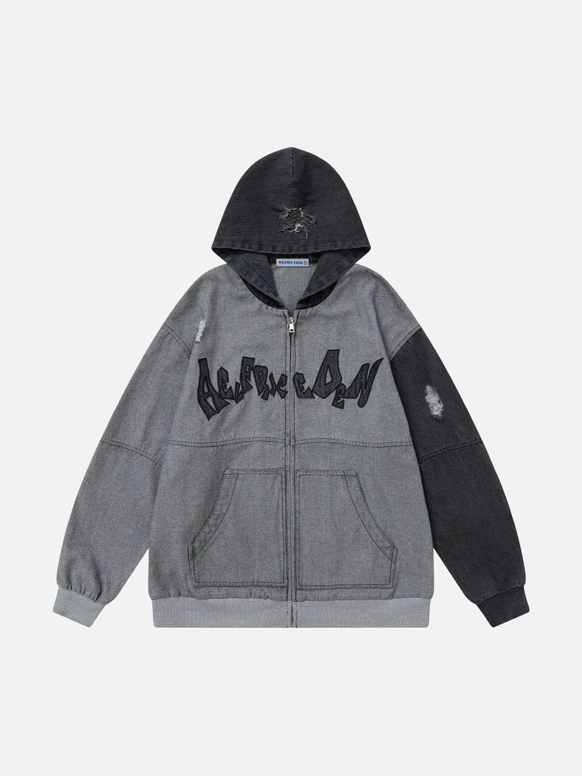 Aelfric Eden Denim Patchwork Zip Up Hoodie Product Image