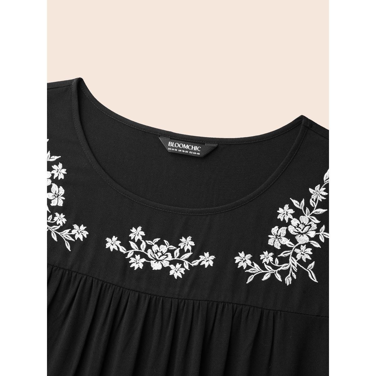 Plus Size Black Floral Embroidery Pleated Front Blouse Women Elegant Short sleeve Round Neck Everyday Blouses BloomChic 18-20/2X Product Image
