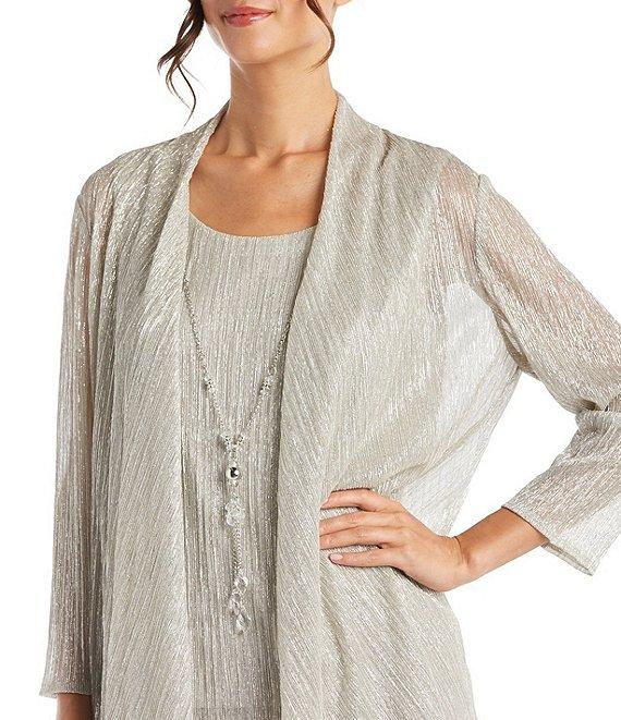 R & M Richards Petite Size Pleated Metallic Scoop Neck 3/4 Sleeve 2-Piece Pant Set Product Image