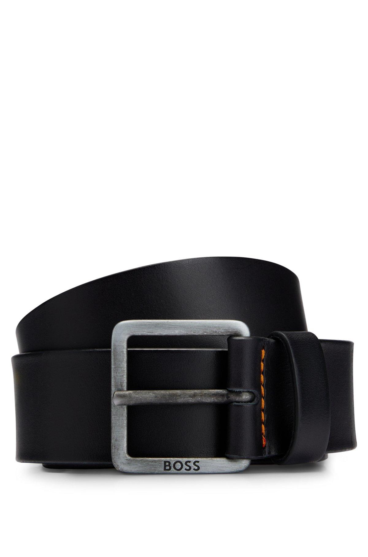 Leather belt with logo and dark ruthenium hardware Product Image
