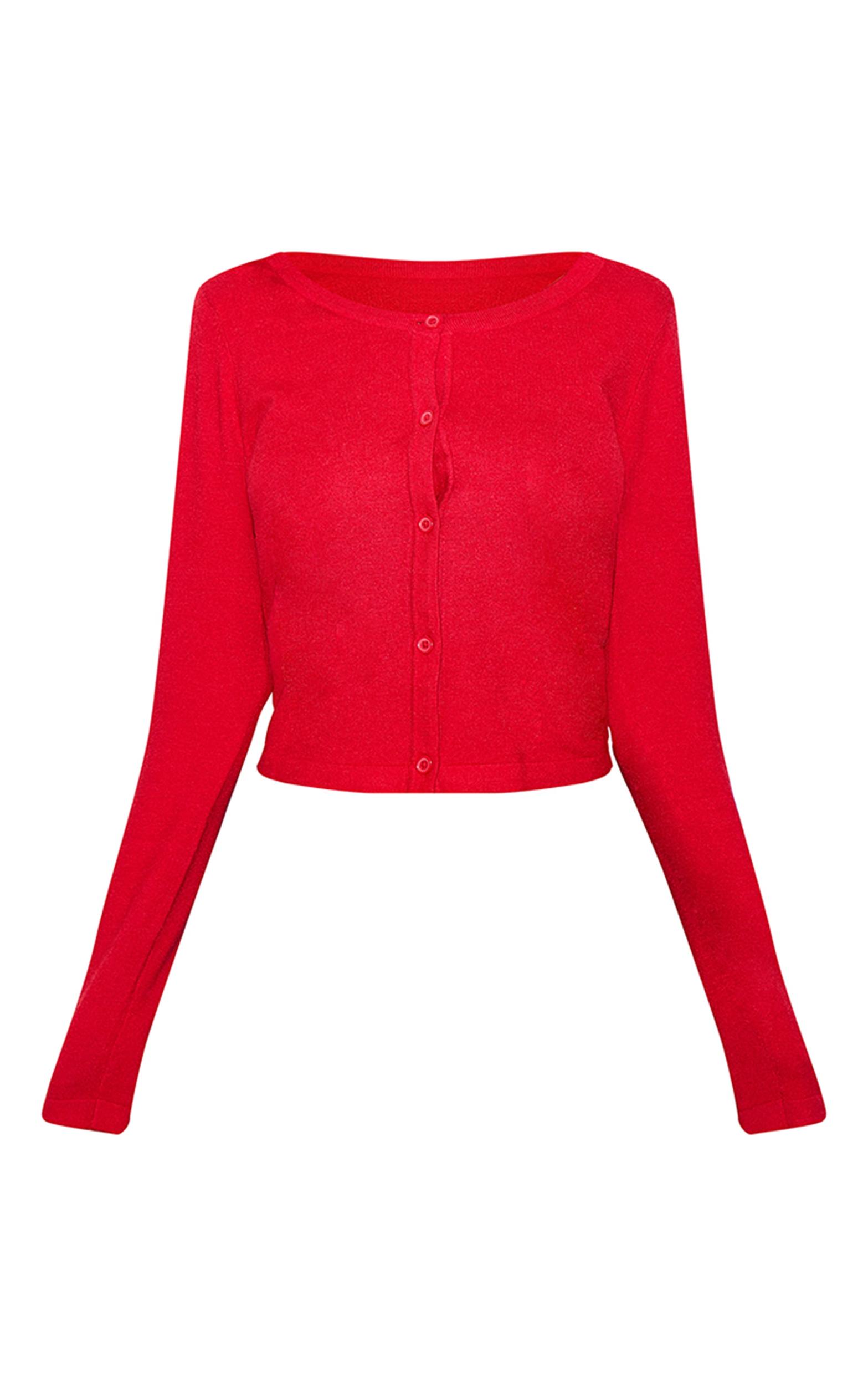 Red  Fine Knit Button Up Cardigan Product Image