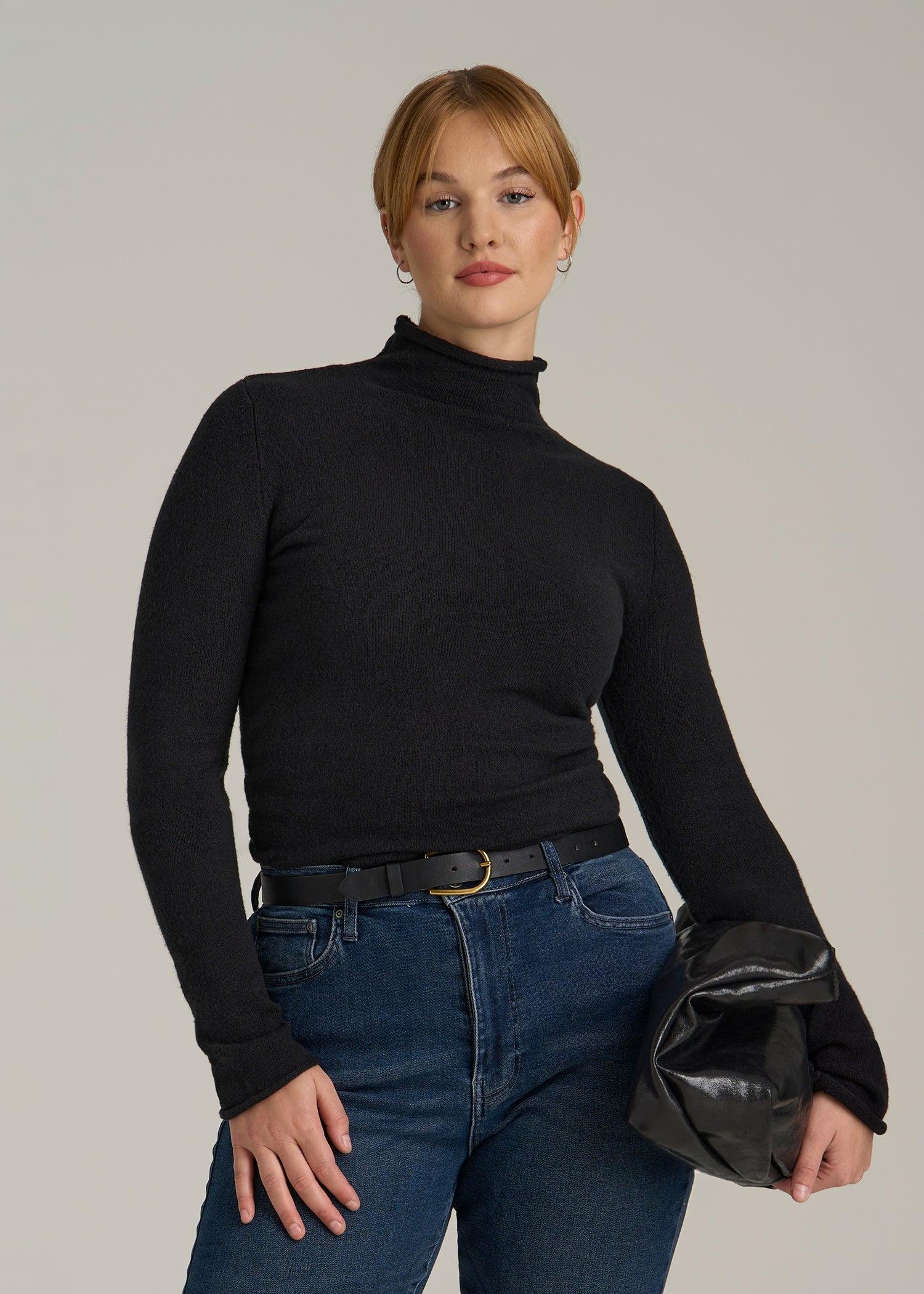 Rolled Mock Neck Sweater for Tall Women in Black Female Product Image