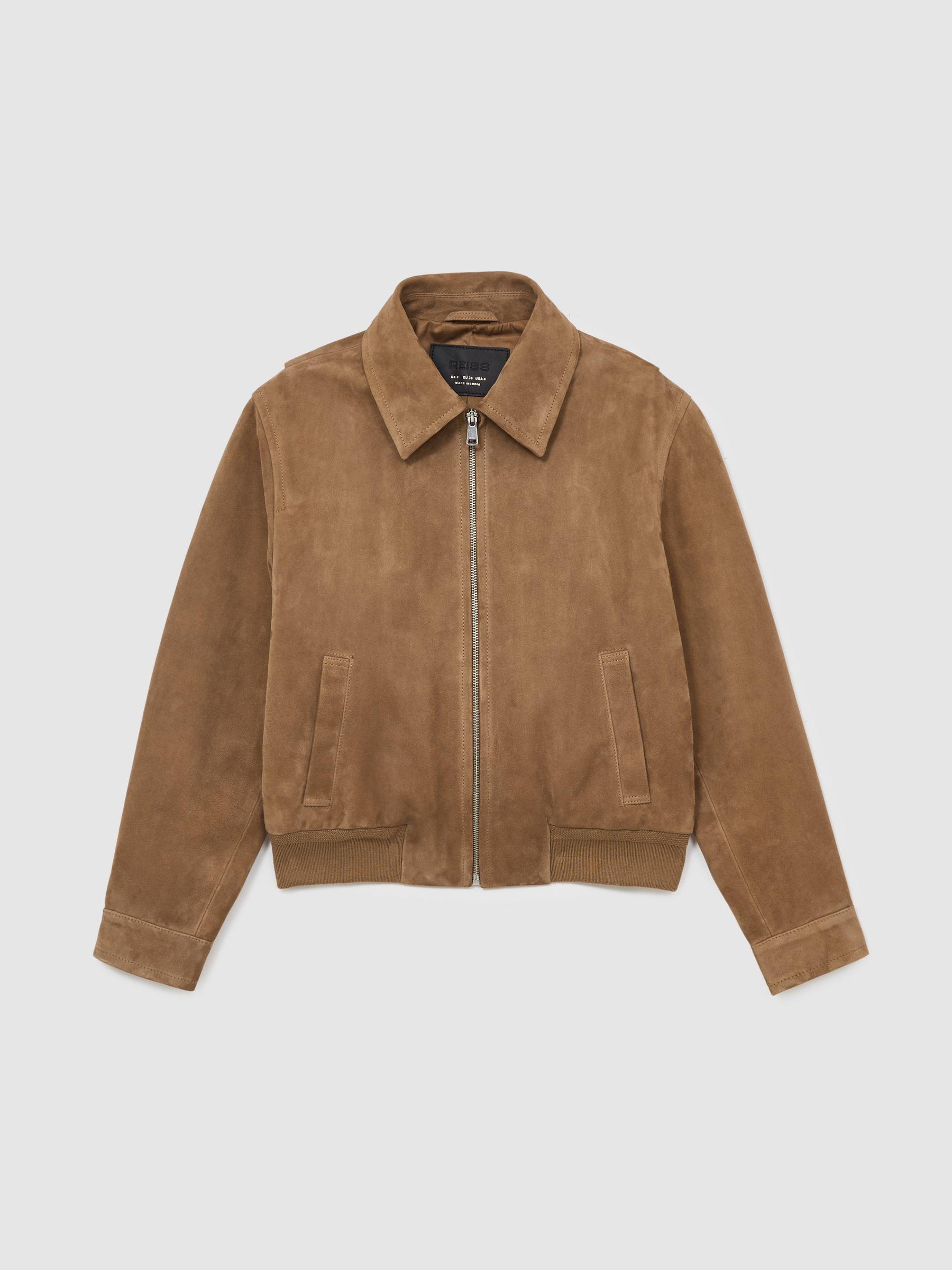 Suede Zip Through Bomber Jacket in Tan Product Image