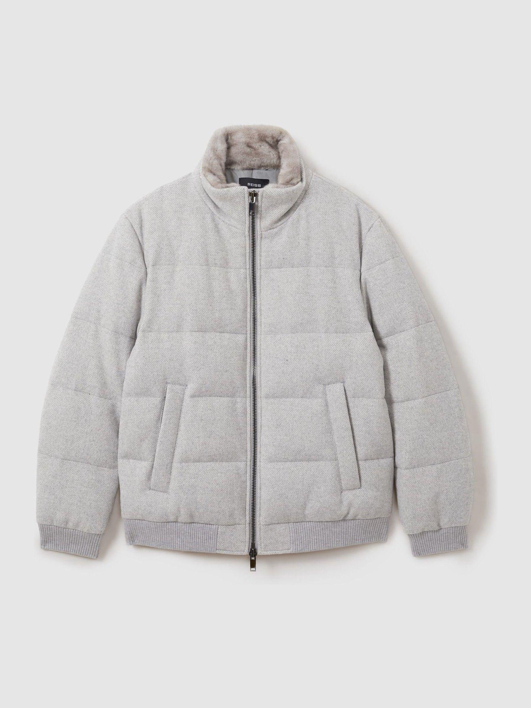 Quilted Wool-Blend herringbone and Faux-Fur Jacket in Soft Grey Melange Product Image