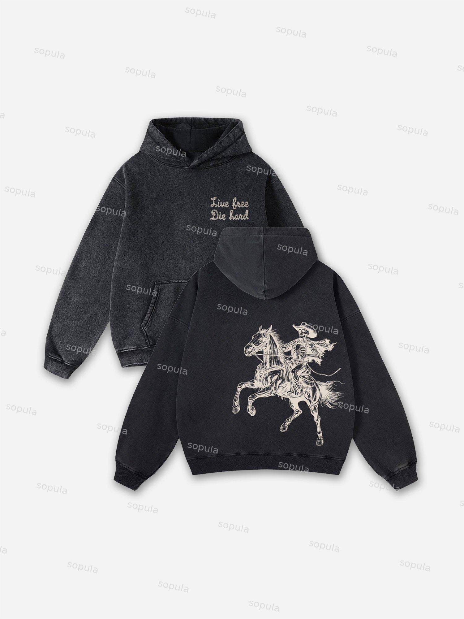 Western Skeleton Knight Cowboy Graphic Washed Hoodie Product Image