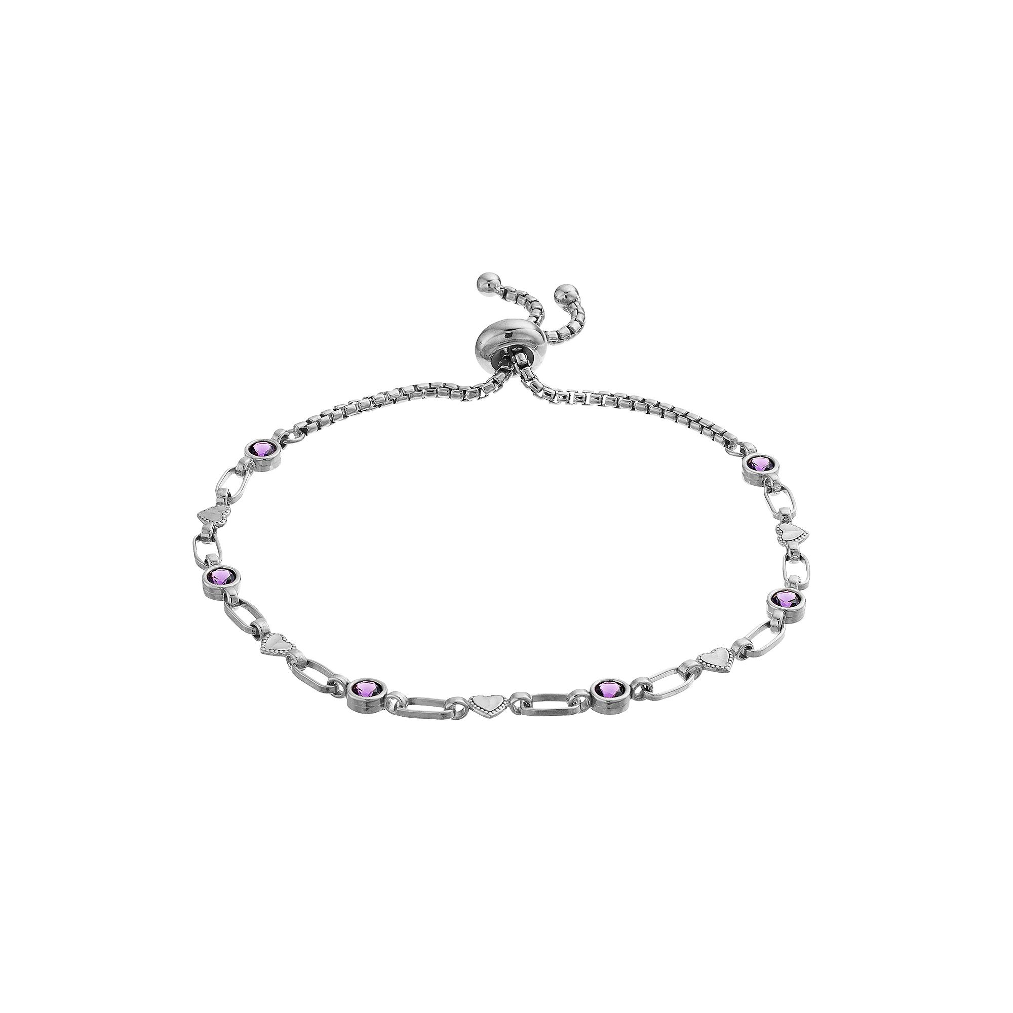 Kristen Kesho Sterling Silver Lab-Created Amethyst & Heart Link Adjustable Bolo Bracelet, Women's, Size: 9.50 Product Image