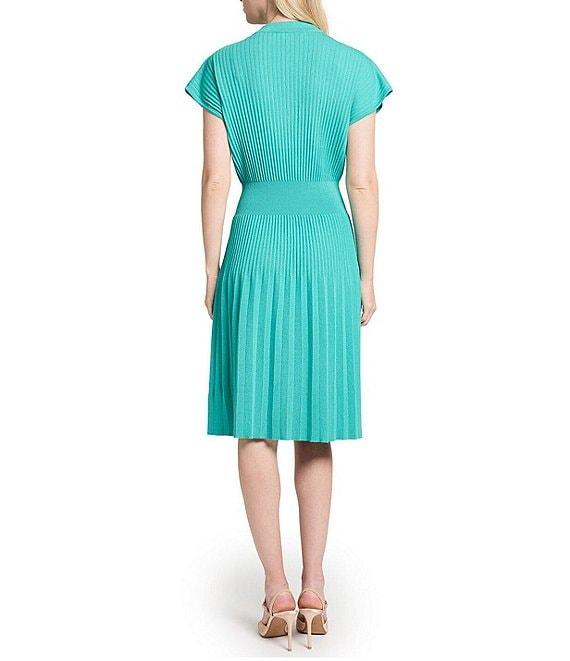 Ming Wang x Tanya Foster Ribbed Knit V-Neck Short Sleeve Fit-And-Flare Dress Product Image