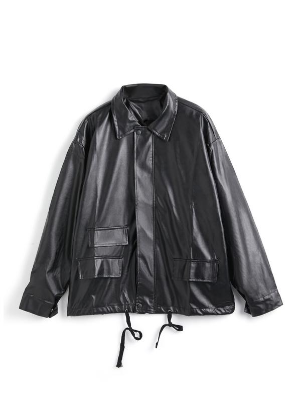 Oversized Black Faux Leather Jacket Product Image