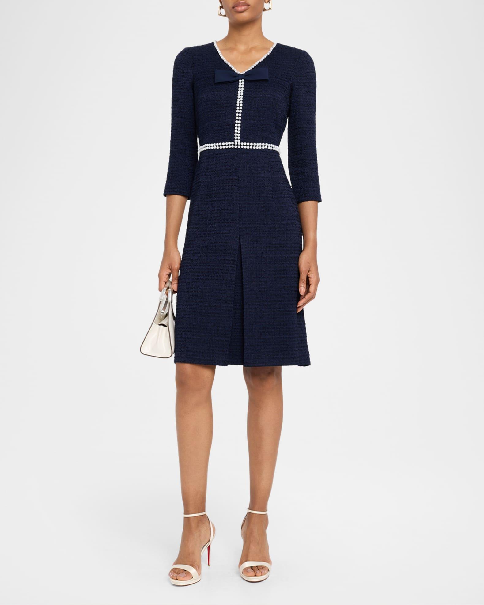 Pleated Pearly-Trim Boucle Dress Product Image