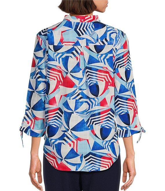 Allison Daley Beach Umbrella Print 3/4 Tie Sleeve Y-Neck Tie Hem Blouse Product Image