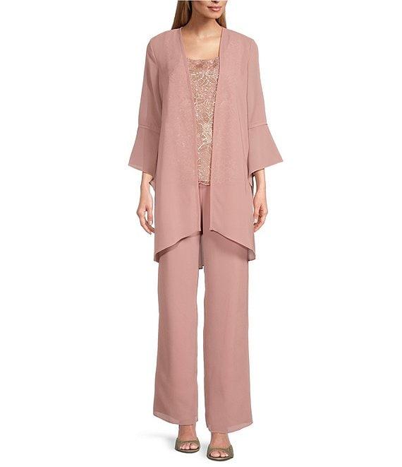 Le Bos 3-Piece 3/4 Bell Sleeve Embroidered Metallic Scallop Hem Scoop Neck Duster Pant Set Product Image