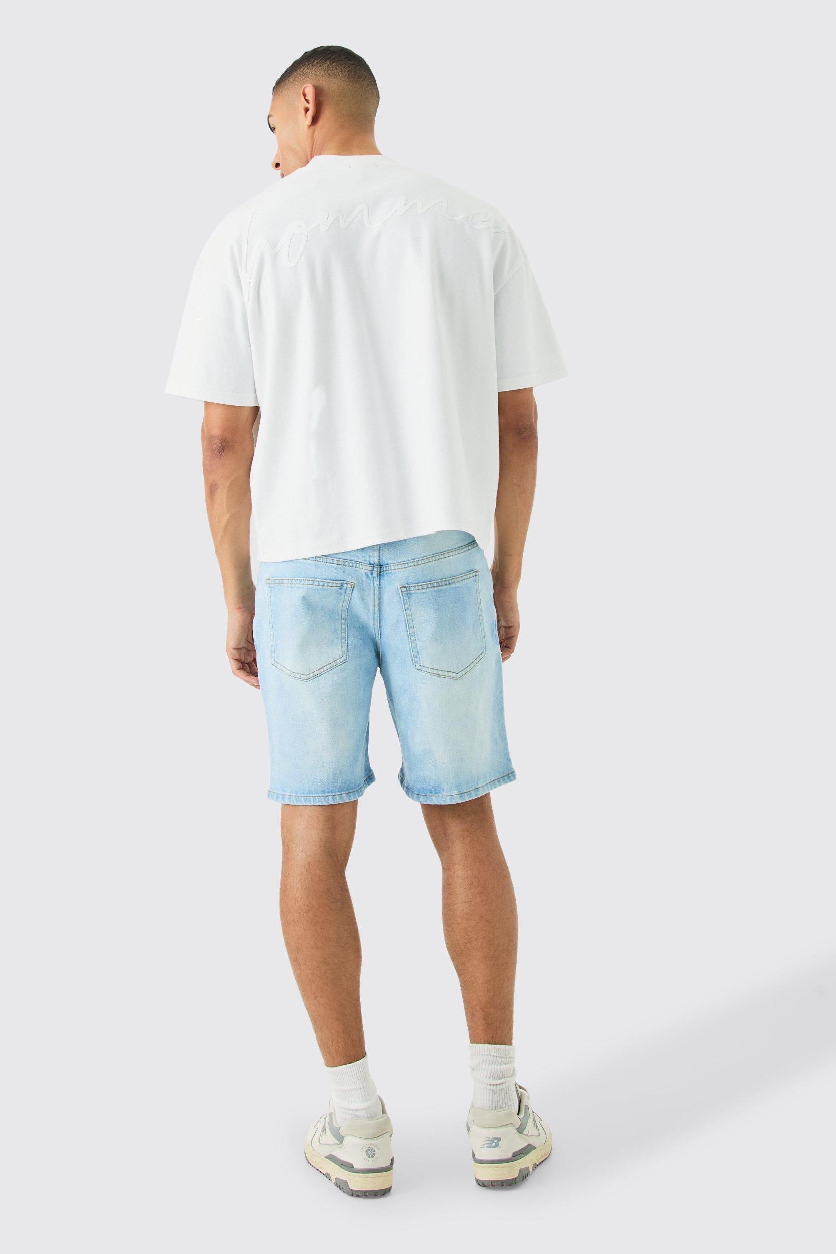 Slim Rigid Jean Shorts In Light Blue | boohooMAN USA Product Image