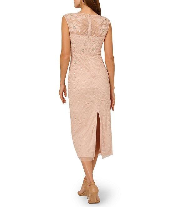 Adrianna Papell Illusion Neck Bead Mesh Column Midi Dress Product Image