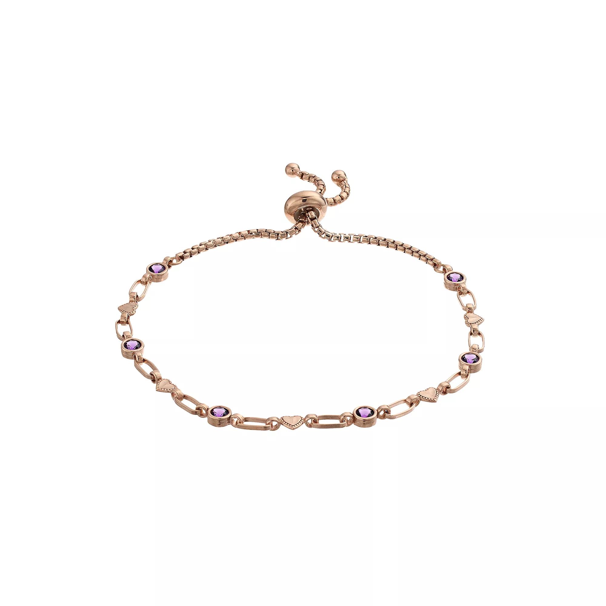 Kristen Kesho Sterling Silver Lab-Created Amethyst & Heart Link Adjustable Bolo Bracelet, Women's, Size: 9.50 Product Image