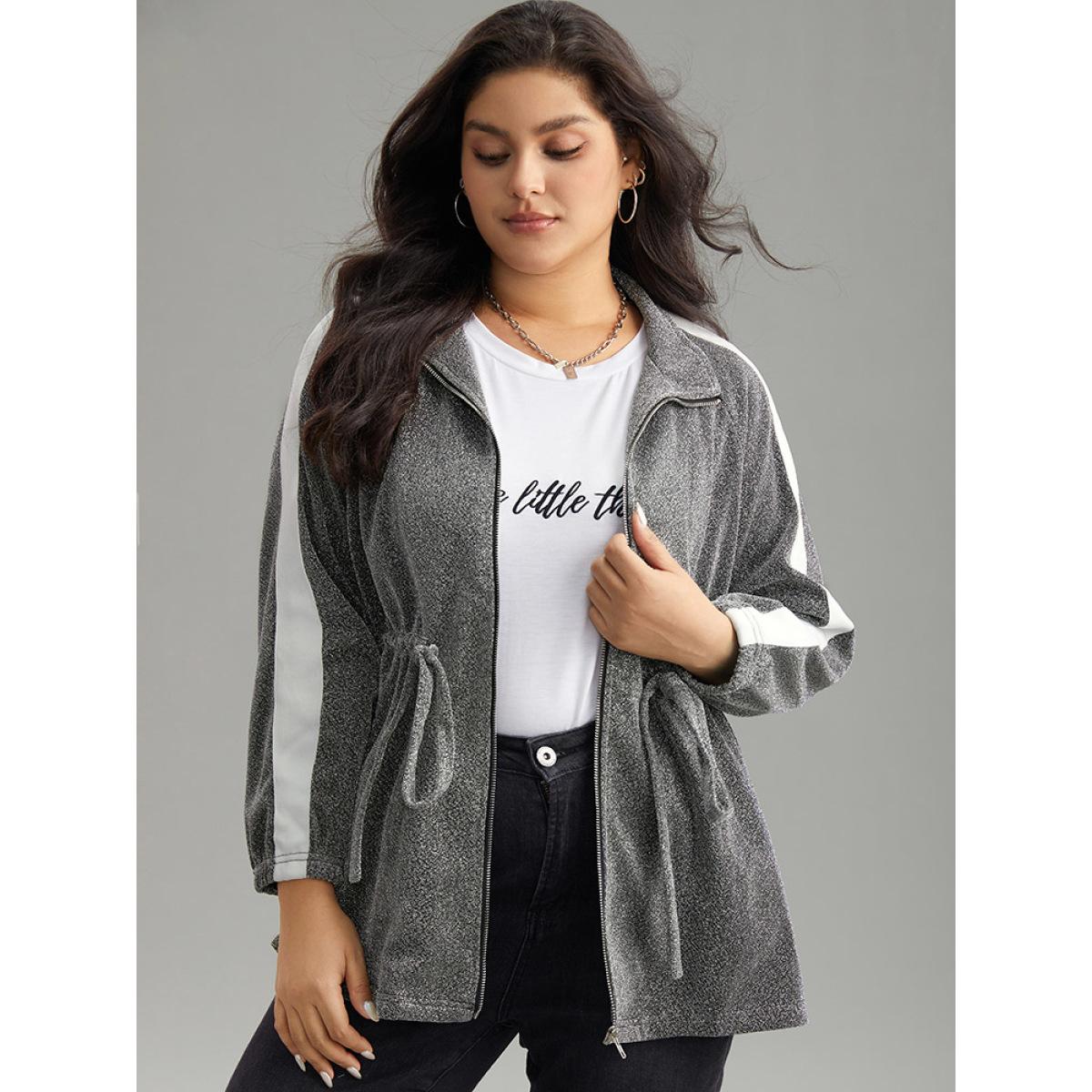 Plus Size Patchwork Contrast Trim Drawstring Zipper Jacket Women DimGray Contrast Dailywear Jackets BloomChic 10/M Product Image
