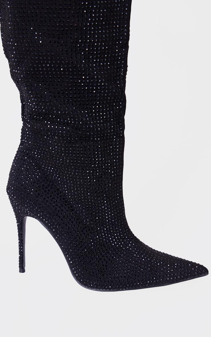 Black Diamante Point Toe High Stiletto Knee High Boots Product Image