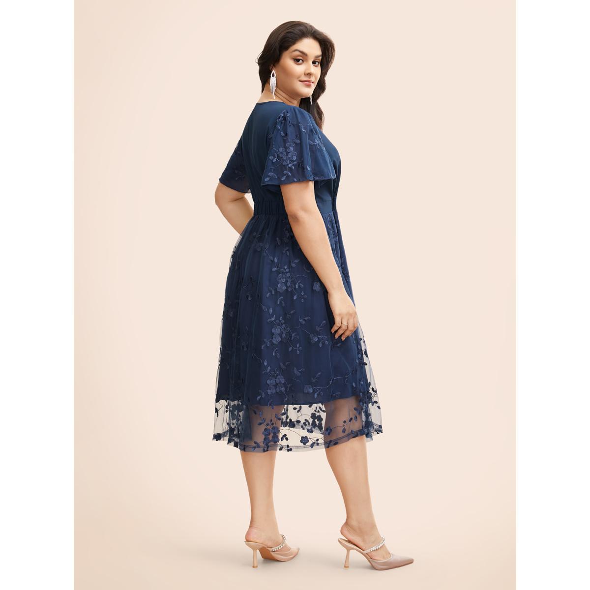 Plus Size Floral Embroidered Mesh Patchwork Midi Dress Indigo Women Formal Texture V-neck Short sleeve Curvy BloomChic 22-24/3X Product Image