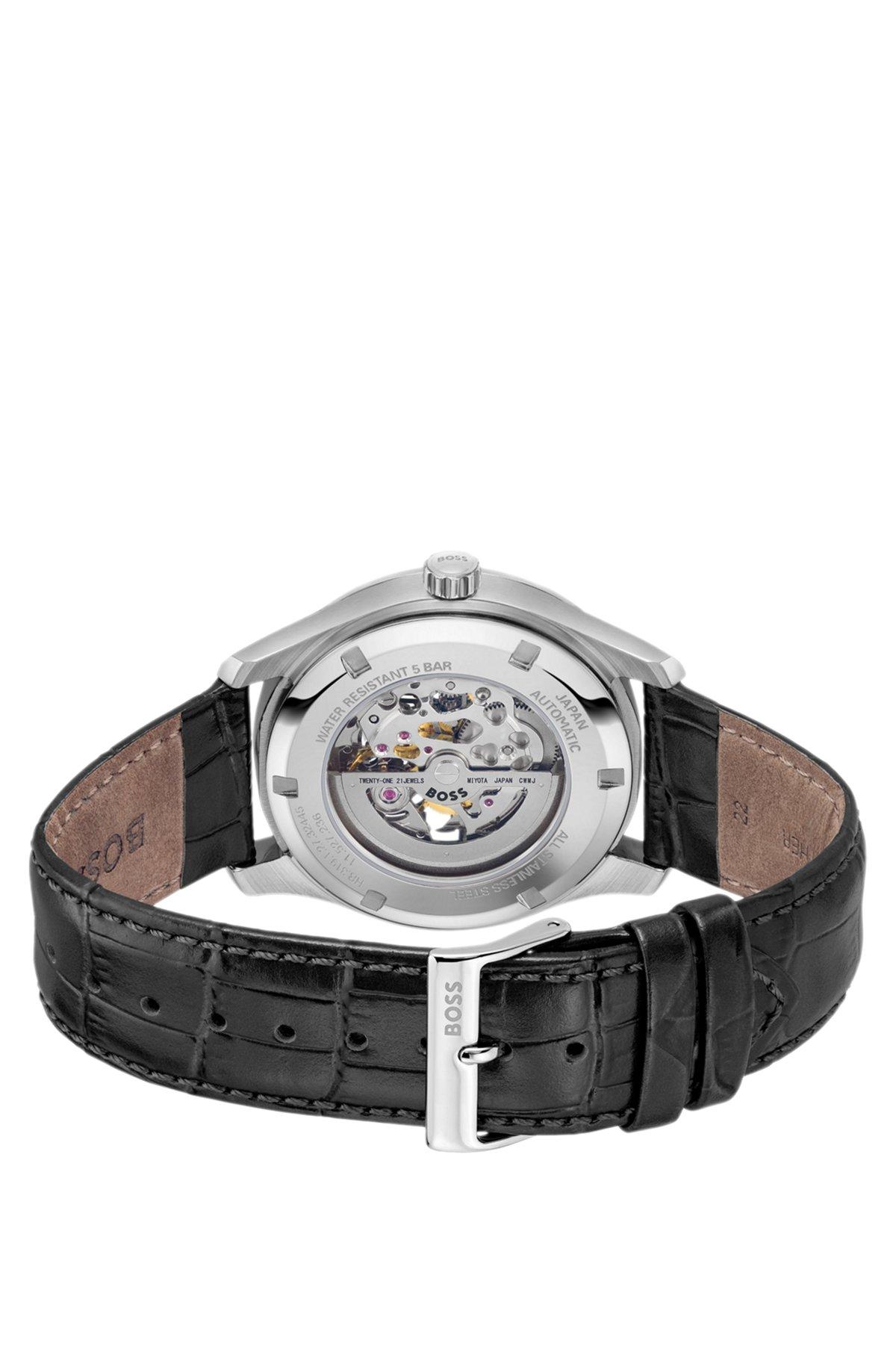 Leather-strap watch with skeleton Japanese automatic movement Product Image