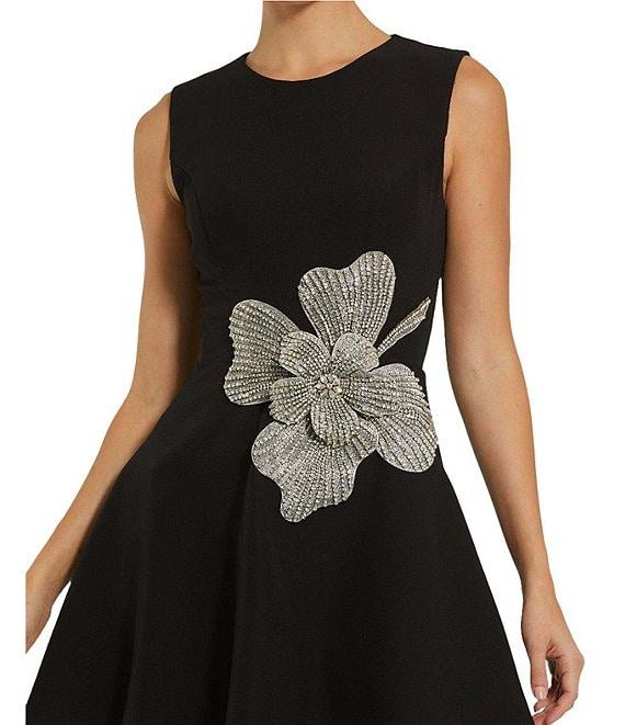 Mac Duggal Crepe High Neck Sleeveless Rhinestone Flower Mini Dress Product Image
